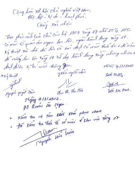 Giấy xác của quán ăn ngon, nhân viên kỹ thuật, quản trị 25T2 xác nhận việc có mùi thức ăn ở khu vực tầng 17. Giấy xác của quán ăn ngon, nhân viên kỹ thuật, quản trị 25T2 xác nhận việc có mùi thức ăn ở khu vực tầng 17.
