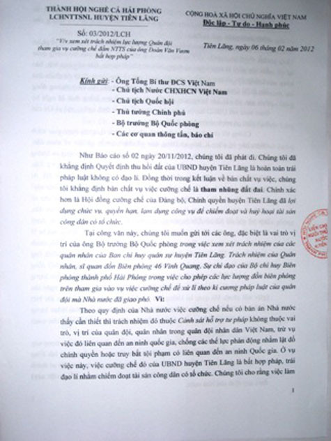 Bản kiến nghị của Liên chị hội Tiên Lãng.