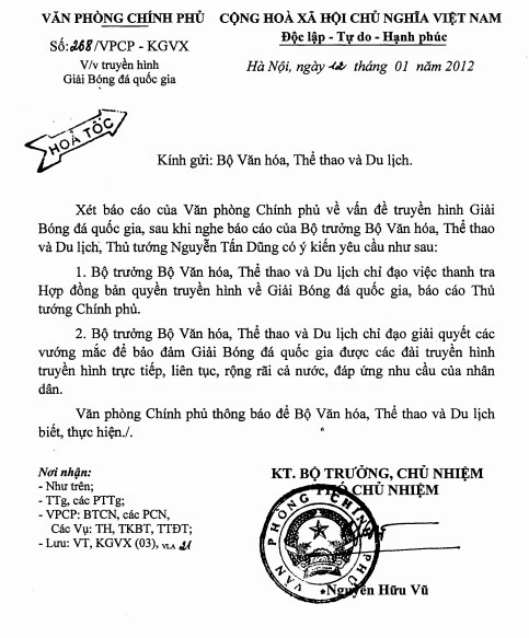 Công văn hỏa tốc của Thủ tướng chính phủ yêu cầu làm rõ về bản quyền truyền hình. Công văn hỏa tốc của Thủ tướng chính phủ yêu cầu làm rõ về bản quyền truyền hình.