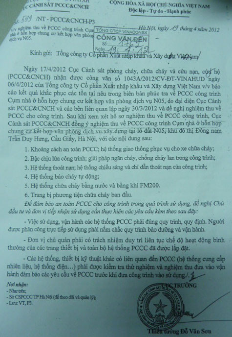 Công văn của Cục CSPCCC & CNCH - P3 đồng ý nghiệm thu về PCCC của cụm chung cư N05 do Vinaconex cung cấp. Công văn của Cục CSPCCC & CNCH - P3 đồng ý nghiệm thu về PCCC của cụm chung cư N05 do Vinaconex cung cấp.