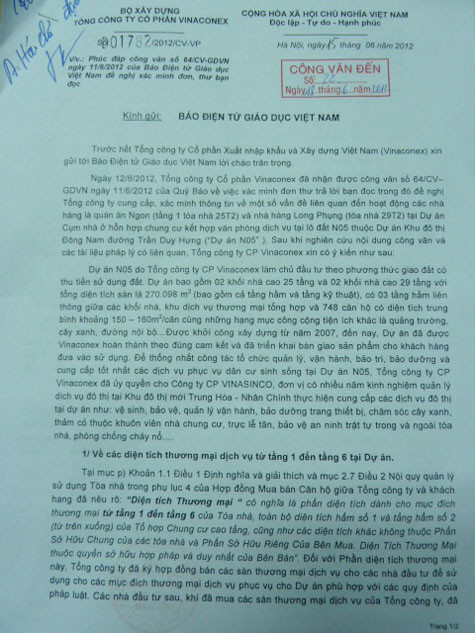 Công văn trả lời báo Giáo dục Việt Nam của Vinaconex. Công văn trả lời báo Giáo dục Việt Nam của Vinaconex.