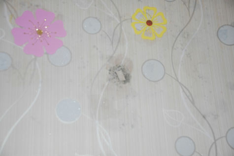 Nhiều vết thấm nước lâu ngày dẫn đến các điểm mốc đen trên tường và người dân đã "sáng kiến" ra cách dùng các bông hoa nhựa dán vào để che đi phần bị mốc này. Nhiều vết thấm nước lâu ngày dẫn đến các điểm mốc đen trên tường và người dân đã "sáng kiến" ra cách dùng các bông hoa nhựa dán vào để che đi phần bị mốc này.