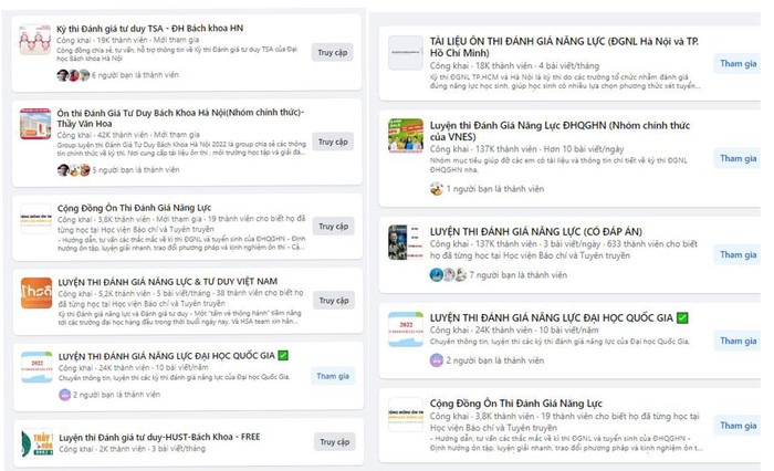 Các group về luyện thi ngập tràn trên Facebook. Ảnh chụp màn hình. Các group về luyện thi ngập tràn trên Facebook. Ảnh chụp màn hình.