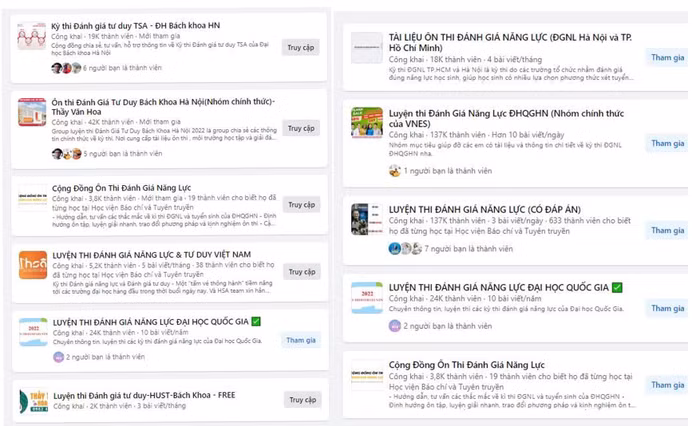 Các group về luyện thi ngập tràn trên Facebook. Ảnh chụp màn hình.