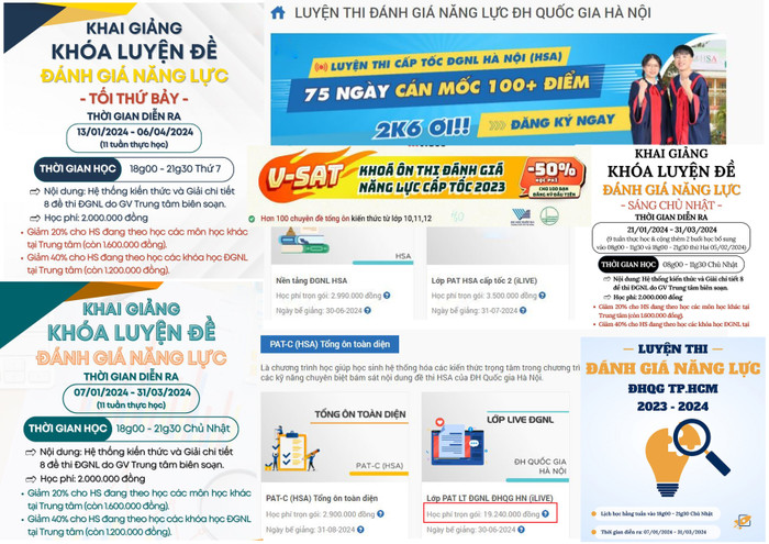 Nhan nhản quảng cáo lớp luyện thi đánh giá năng lực, đánh giá tư duy, V-SAT... Ảnh chụp màn hình. Nhan nhản quảng cáo lớp luyện thi đánh giá năng lực, đánh giá tư duy, V-SAT... Ảnh chụp màn hình.