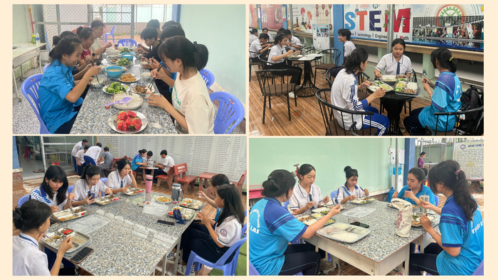 Một số học sinh lớp 12 Trường Trung học phổ thông Thới Lai ở lại trường ăn trưa. Ảnh: NTCC. Thiết kế chưa có tên (2).png