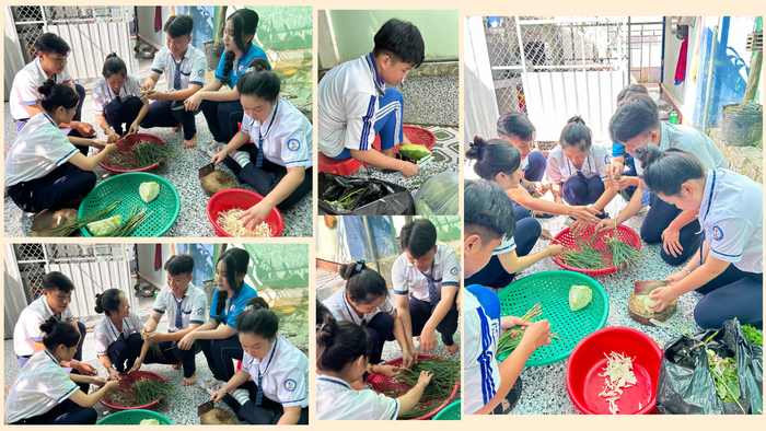 Tại Trường Trung học phổ thông Thới Lai, ngoài các thầy cô giáo, nhân viên nhà trường và các cựu học sinh tham gia nấu cơm, học sinh khối 12 nào kết thúc tiết sớm cũng cùng tham gia chuẩn bị bữa trưa. Ảnh: NTCC, Thiết kế chưa có tên (3).png