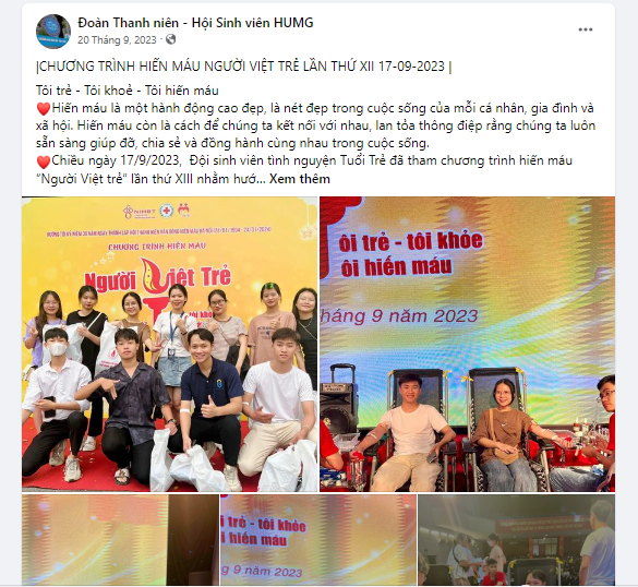 Sinh viên nhà trường tại Chương trình hiến máu “Người Việt Trẻ”. Ảnh: NTCC. Sinh viên HUMG tại Chương trình hiến máu “Người Việt Trẻ”.png