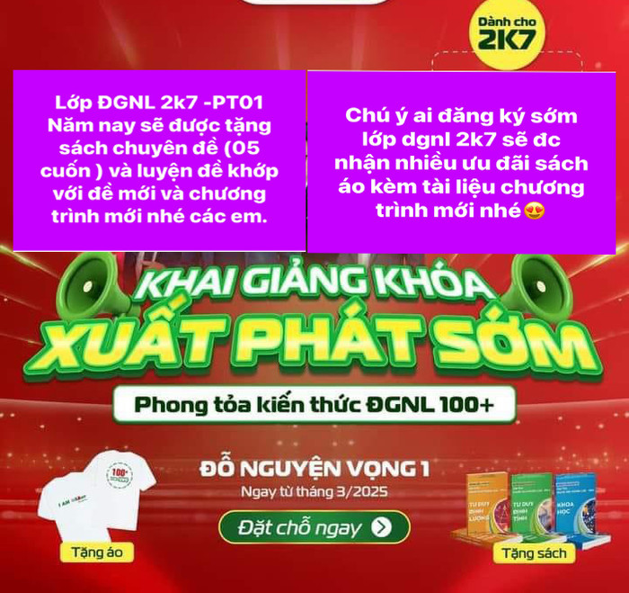 Chiêu sinh cho lớp luyện đề khóa học sinh sinh năm 2007 (dự kỳ thi năm 2025). Ảnh chụp màn hình. thi 2k7.jpg