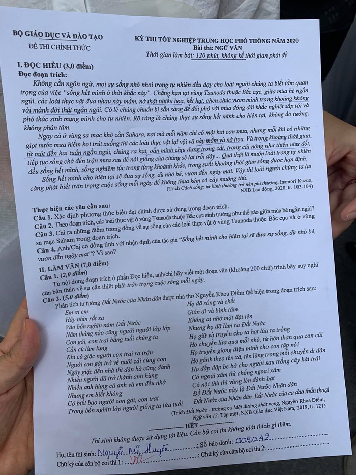 Đề thi môn Ngữ văn (ảnh: Thùy Linh)