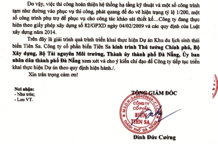 Văn bản giải trình của Công ty cổ phần Biển Tiên Sa gửi Thủ tướng và cơ quan chức năng liên quan. Ảnh: TT