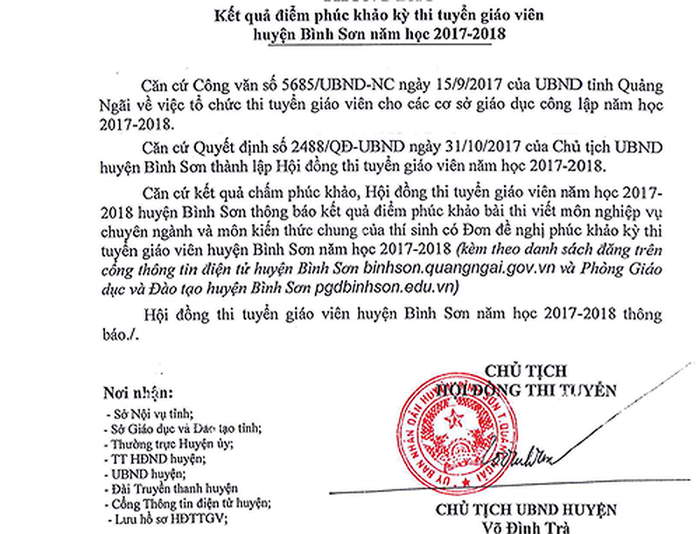 Kỳ thi tuyển giáo viên tại Hội đồng thi huyện Bình Sơn xảy ra nhiều khiếu nại, tố cáo. Ảnh: AP Kỳ thi tuyển giáo viên tại Hội đồng thi huyện Bình Sơn xảy ra nhiều khiếu nại, tố cáo. Ảnh: AP