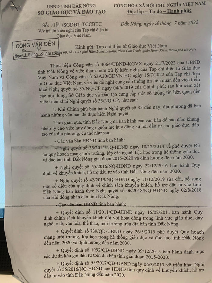 Một trang trong công văn trả lời Tạp chí điện tử Giáo dục Việt Nam của Sở giáo dục và Đào tạo Đắk Nông. Một trang trong công văn trả lời Tạp chí điện tử Giáo dục Việt Nam của Sở giáo dục và Đào tạo Đắk Nông.