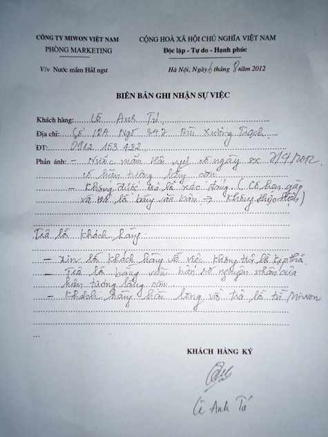 Biên bản ghi nhận sự việc (ảnh do anh Tú cung cấp)