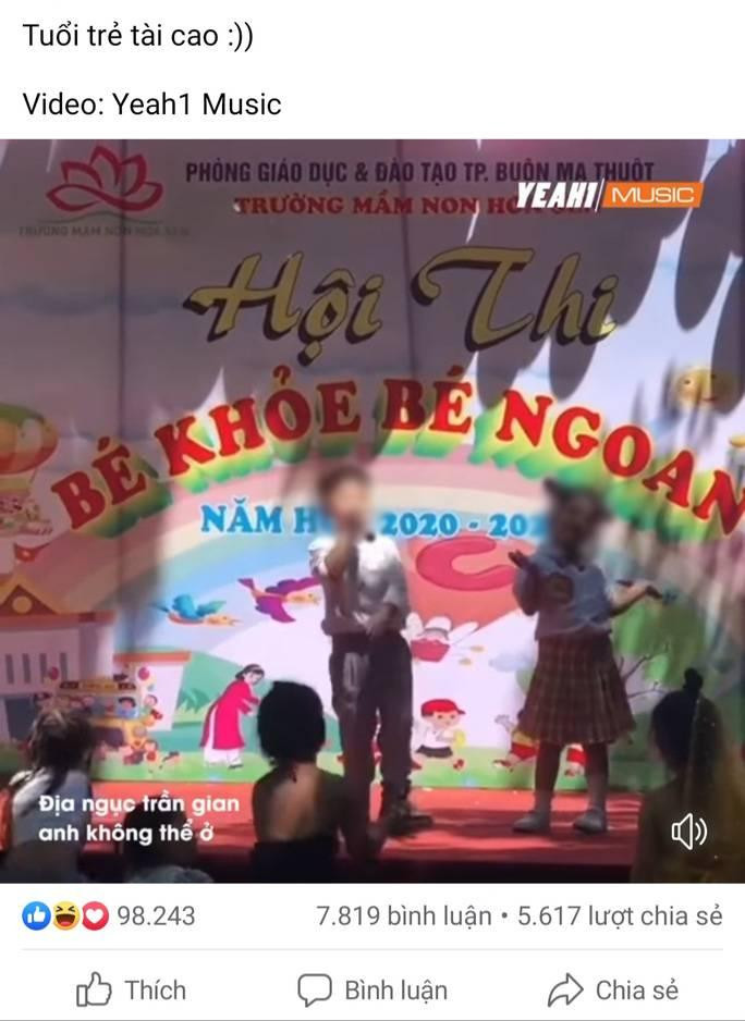 Clip 1 trẻ mầm non ở Đăk Lắk hát nhạc người lớn thu hút hàng nghìn lượt xem, phần đông thể hiện rõ sự bất bình, ngán ngẩm. Ảnh: Chụp màn hình Clip 1 trẻ mầm non ở Đăk Lắk hát nhạc người lớn thu hút hàng nghìn lượt xem, phần đông thể hiện rõ sự bất bình, ngán ngẩm. Ảnh: Chụp màn hình