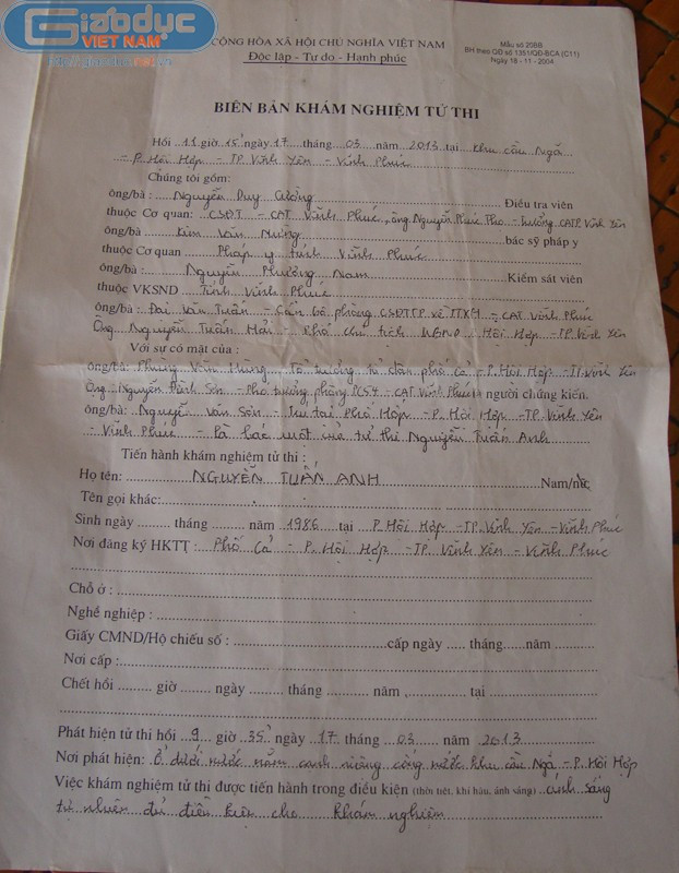 Biên bản khám nghiệm tử thi nạn nhân Nguyễn Tuấn Anh lần một.