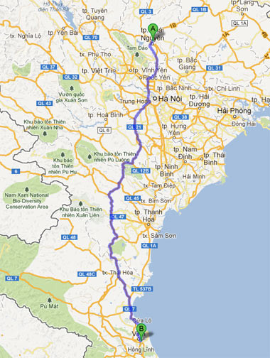 Đường chạy trốn từ Thái Nguyên về Nghệ An của cặp đôi sát thủ. ảnh: vnexpress