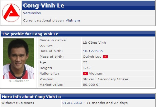 Theo Transfermarkt thì giá Công Vinh chỉ có 50 nghìn euro. Theo Transfermarkt thì giá Công Vinh chỉ có 50 nghìn euro.