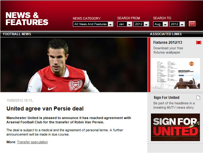 Trang web chính thức của Quỷ đỏ thành Manchester đã xác nhận: Manchester United vui mừng thông báo CLB đã đạt được thỏa thuận với Arsenal về vụ chuyển nhượng tiền đạo Robin van Persie.
