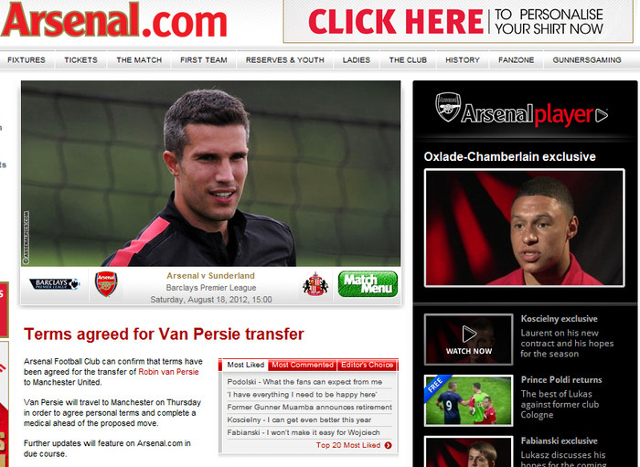 Phía CLB Arsenal cũng đã xác nhận thông tin nói trên, Van Persie sẽ đến Old Trafford ngay hôm nay để hoàn tất các điều khoản cá nhân và kiểm tra ý tế để gia nhập Man United.