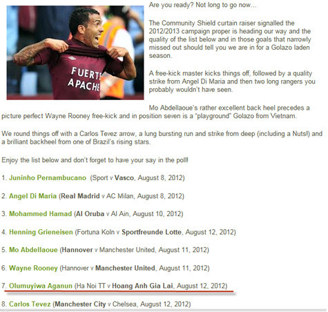 Siêu phẩm của tiền đạo Olushola Aganun (Hoàng Anh Gia Lai) vào lưới HN T&T phút 90+4 tại vòng 25 V-League vừa qua là một trong 10 bàn thắng đẹp nhất thế giới tuần qua.