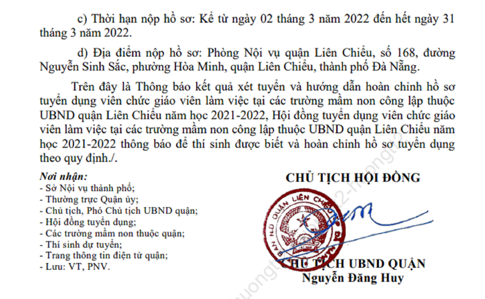 Ngày 1/3, sở Nội vụ Đà Nẵng có quyết định phê duyệt kết quả thi tuyển giáo viên bậc tiểu học và trung học cơ sở thì cùng ngày, Ủy ban nhân dân quận Liên Chiểu có thông báo kết quả. Ảnh: AN Ngày 1/3, sở Nội vụ Đà Nẵng có quyết định phê duyệt kết quả thi tuyển giáo viên bậc tiểu học và trung học cơ sở thì cùng ngày, Ủy ban nhân dân quận Liên Chiểu có thông báo kết quả. Ảnh: AN