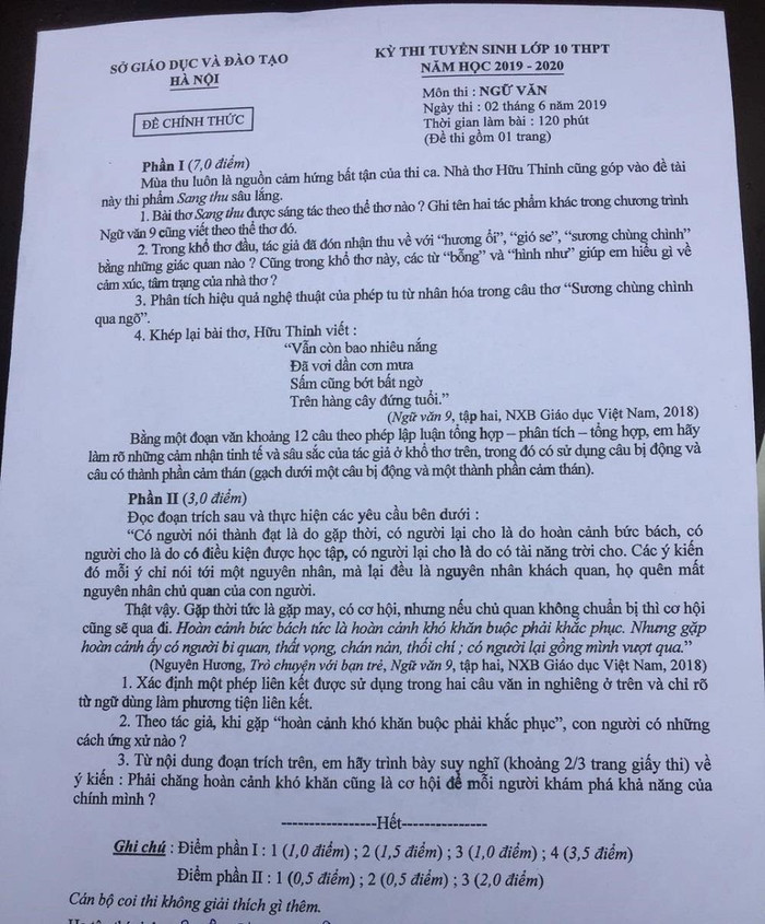 Đề văn thi tuyển lớp 10 công lập Hà Nội (ảnh Trinh Phúc).