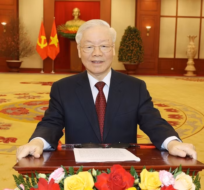 Tổng Bí thư Ban chấp hành Trung ương Đảng Cộng sản Việt Nam Nguyễn Phú Trọng gửi lời chúc năm mới (Ảnh: Trí Dũng/TTXVN)