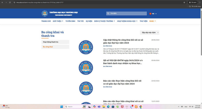 Ảnh chụp màn hình mục Ba công khai trên website của Trường Đại học Thương mại vào ngày 06/08/2025. z7062571408994-f4e1f88fdd94fe54c4e475bcbef014e1.jpg
