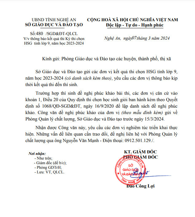 Thông báo kết quả Kỳ thi chọn học sinh giỏi tỉnh lớp 9 năm học 2023 – 2024 tỉnh Nghệ An. Ảnh chụp màn hình z5230765156750_2f942694e6db9c77d93864301df2403e.jpg