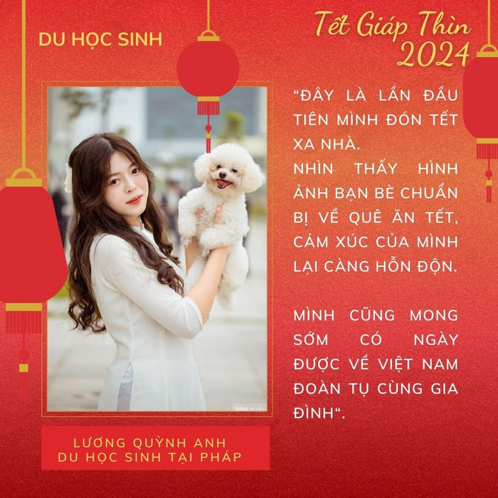 Bạn Lương Quỳnh Anh hiện đang theo học chương trình dự bị tiếng tại Trường Đại học tổng hợp Lumière Lyon 2 (Pháp) lần đầu đón Tết xa nhà. Bạn Lương Quỳnh Anh hiện đang theo học chương trình dự bị tiếng tại Trường Đại học tổng hợp Lumière Lyon 2 (Pháp) lần đầu đón Tết xa nhà.