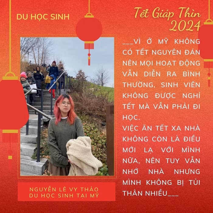 Đã hai cái Tết không được sum họp cùng gia đình, bạn Nguyễn Lê Vy Thảo (sinh viên năm tại Trường Đại học Drexel, bang Pennsylvania, Mỹ) đã quen dần với cảm giác đón Tết ở nước ngoài.