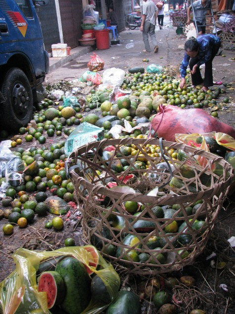 Người phụ nữ này cho biết :"Ngày nào mình cũng đến 7,8h sáng để phân loại trái cây lành để bán , còn loại bé, dập thì mình mang về ăn. Có ngày nhặt nhiều cũng phải được vài chục cân". Người phụ nữ này cho biết :"Ngày nào mình cũng đến 7,8h sáng để phân loại trái cây lành để bán , còn loại bé, dập thì mình mang về ăn. Có ngày nhặt nhiều cũng phải được vài chục cân".
