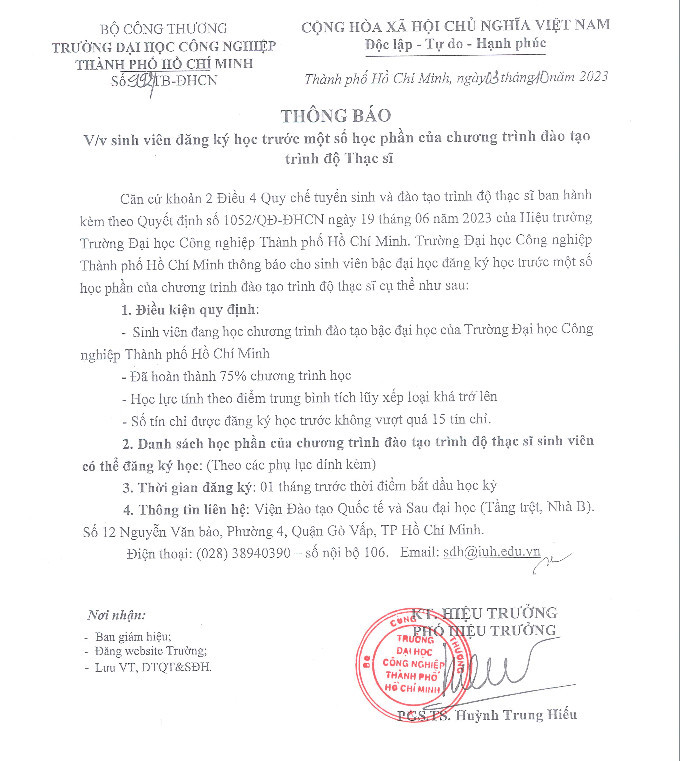 Thông báo về việc sinh viên đăng ký học trước một số học phần của chương trình đào tạo trình độ Thạc sĩ của Trường Đại học Công nghiệp Thành phố Hồ Chí Minh. Ảnh chụp màn hình z5251989343412_51cc60c3faaa369267d0b5478ae6bc28.jpg