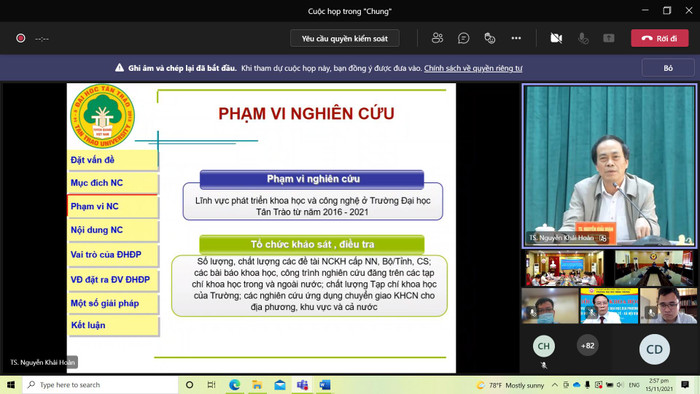 Tiến sĩ Nguyễn Khải Hoàn, Trường Đại học Tân Trào (Tuyên Quang) chia sẻ tại hội thảo. (Ảnh chụp màn hình) Tiến sĩ Nguyễn Khải Hoàn, Trường Đại học Tân Trào (Tuyên Quang) chia sẻ tại hội thảo. (Ảnh chụp màn hình)