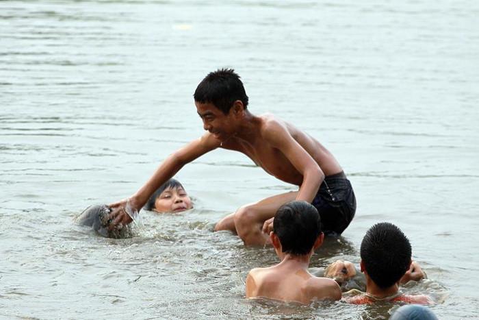 Chúng biểu diễn "ảo thuật" nhào lộn đáp xuống từ trên thành ao hoặc trên vai của nhau.