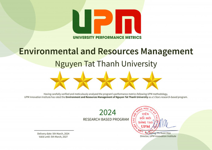 Chứng nhận 5 sao xếp hạng đối sánh chất lượng giáo dục đại học UPM của chương trình đào tạo (đại học) Quản lý tài nguyên và môi trường. NTTU_Chung-nhan-UPM_nganh-Tai-nguyen-va-moi-truong-1536x1084.jpg