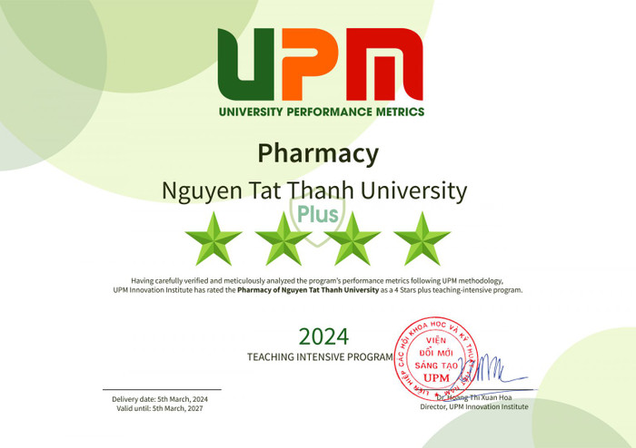Chứng nhận 4 sao plus xếp hạng đối sánh chất lượng giáo dục đại học UPM của chương trình đào tạo (đại học) Dược học. NTTU_Chung-nhan-UPM_nganh-Duoc-hoc-1536x1084.jpg