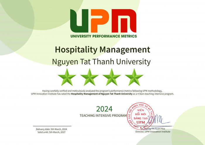 Chứng nhận 4 sao xếp hạng đối sánh chất lượng giáo dục đại học UPM của chương trình đào tạo (đại học) Quản trị khách sạn. NTTU_Chung-nhan-UPM_nganh-Quan-tri-khach-san-1536x1084.jpg