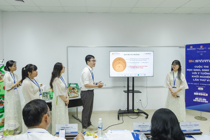 Nhóm sinh viên Trường Đại học Công Thương thành phố Hồ Chí Minh thuyết trình dự án tại cuộc thi “Học sinh, sinh viên với ý tưởng khởi nghiệp”. Ảnh: NTCC. sinh-vien-huit-gianh-cu-dup-02-giai-nhi-tai-ngay-hoi-khoi-nghiep-quoc-gia-cua-hoc-sinh-sinh-vien-nam-2024-3 (1).jpg