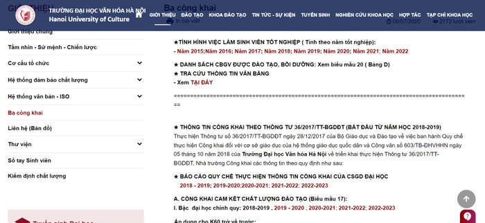 Thông tin công khai trên website của Trường Đại học Văn hóa Hà Nội mới chỉ cập nhật đến năm học 2022 - 2023. Ảnh chụp màn hình. d158e1eb1632b76cee23.jpg