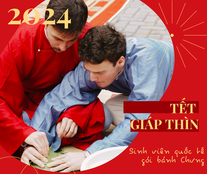 Sinh viên quốc tế tham gia gói bánh Chưng tại Trường Đại học Ngoại Thương.