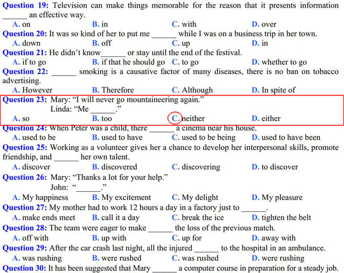 Câu 23, mã đề 248, đề thi tuyển sinh đại học tiếng Anh khối D năm 2012 gây nhiều tranh cãi. Đáp án Bộ GD - ĐT đưa ra là "neither". Câu 23, mã đề 248, đề thi tuyển sinh đại học tiếng Anh khối D năm 2012 gây nhiều tranh cãi. Đáp án Bộ GD - ĐT đưa ra là "neither".