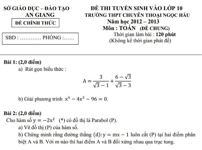 Đề thi Toán (đề chung) năm 2012. Đề thi Toán (đề chung) năm 2012.