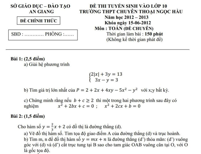 Đề thi môn Toán đề chuyên năm 2012 vào Trường THPT Chuyên Thoại Ngọc Hầu, tỉnh An Giang. Đề thi môn Toán đề chuyên năm 2012 vào Trường THPT Chuyên Thoại Ngọc Hầu, tỉnh An Giang.