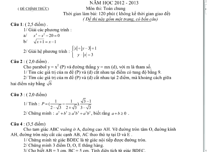 Đề thi Toán chung vào lớp 10 của tỉnh Đồng Nai năm học 2012 - 2013. Đề thi Toán chung vào lớp 10 của tỉnh Đồng Nai năm học 2012 - 2013.