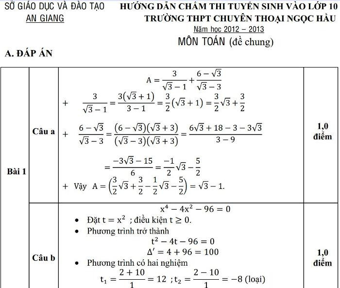 Hướng dẫn giải đề thi Toán lớp 10 (đề chung). Hướng dẫn giải đề thi Toán lớp 10 (đề chung).