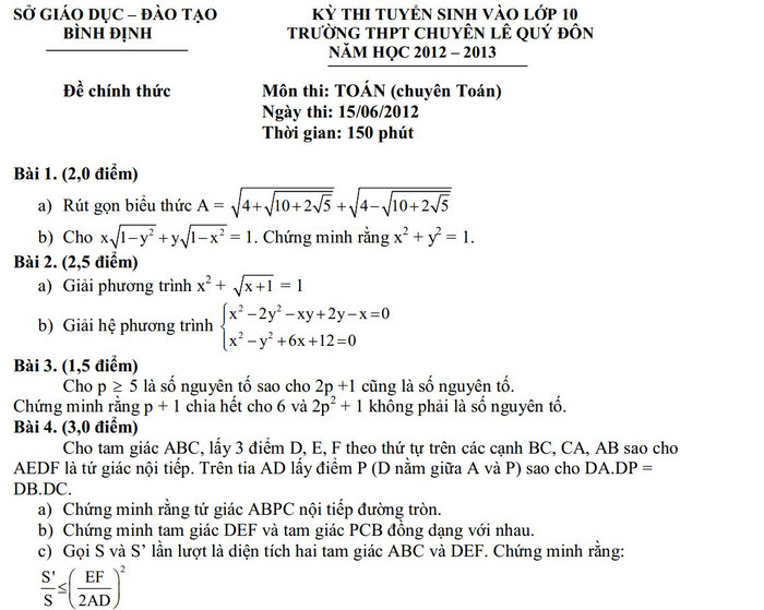 Đề thi chuyên Toán vào trường THPT Chuyên Lê Qúy Đôn tỉnh Bình Định. Đề thi chuyên Toán vào trường THPT Chuyên Lê Qúy Đôn tỉnh Bình Định.