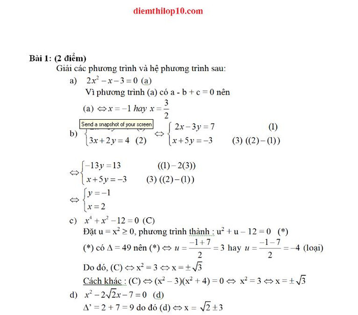 Đáp án đề thi Toán.