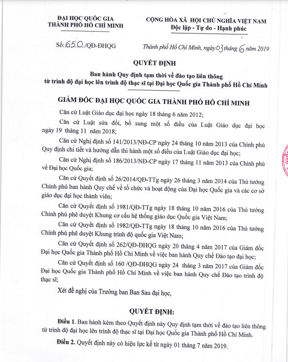 Quyết định ban hành Quy định tạm thời về đào tạo liên thông trình độ đại học lên thạc sĩ tại Đại học Quốc gia Thành phố Hồ Chí Minh. Ảnh chụp màn hình z5263194600130_719f3a60b1a1f095dcc9ffd2d810aa11.jpg